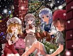  :d ^_^ ascot bat_wings blonde_hair blue_eyes blue_hair blush braid breath brown_hair brown_scarf christmas christmas_tree closed_eyes commentary_request crossed_arms eyebrows_visible_through_hair flandre_scarlet gate hat highres holding_scarf hong_meiling izayoi_sakuya kneeling long_hair looking_at_another maid maid_headdress mob_cap multiple_girls open_mouth red_eyes remilia_scarlet ruu_(tksymkw) scarf short_hair sleeping smile snow snowing standing touhou twin_braids wings wrist_cuffs 