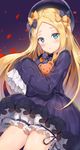  abigail_williams_(fate/grand_order) absurdres bangs black_bow black_dress black_hat blonde_hair bloomers blue_eyes bow bug butterfly commentary_request dress eyebrows_visible_through_hair fate/grand_order fate_(series) forehead ginn_(hzh770121) hair_bow hat head_tilt highres insect long_hair long_sleeves looking_at_viewer object_hug orange_bow parted_bangs parted_lips polka_dot polka_dot_bow sleeves_past_fingers sleeves_past_wrists solo stuffed_animal stuffed_toy teddy_bear underwear very_long_hair white_bloomers 