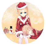  arm_support bangs blonde_hair blue_eyes blush box breasts christmas closed_eyes closed_mouth commentary_request dress eyebrows_visible_through_hair fur-trimmed_dress gift gift_box hand_on_another's_head hat highres karin_(fineyanny) lap_pillow long_hair looking_at_viewer lying medium_breasts multiple_girls on_side original ponytail red_dress red_hat red_shirt ribbon-trimmed_legwear ribbon_trim santa_costume santa_hat shirt sitting smile snowman thighhighs very_long_hair white_legwear 