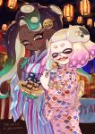  2girls cat cephalopod_eyes commentary dark_skin domino_mask eating eyes_closed festival food hair_ornament highres hime_(splatoon) holding holding_food iida_(splatoon) jajji-kun_(splatoon) japanese_clothes kimono lantern mask mask_on_head matchaneko mole mole_under_mouth multicolored multicolored_skin multiple_girls obi octarian open_mouth paper_lantern sash smile splatoon splatoon_(series) splatoon_2 suction_cups summer_festival takoyaki tentacle_hair wide_sleeves yukata 