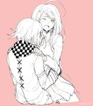  1boy 1girl akamatsu_kaede bangs blush breasts checkered_scarf danganronpa duo eyebrows hair_ornament hairclip long_hair musical_note musical_note_hair_ornament nanamichiii new_danganronpa_v3 one_eye_closed ouma_kokichi pants scarf shirt short_hair side_bangs simple_background sitting straitjacket tongue white_shirt 