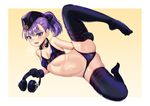  :d ass_visible_through_thighs bangs bare_shoulders bikini black_bikini black_gloves black_legwear blush buckle dated elzlo eyebrows_visible_through_hair fate/grand_order fate_(series) flat_chest full_body garrison_cap gloves gradient gradient_background hat headphones headphones_removed helena_blavatsky_(fate/grand_order) helena_blavatsky_(swimsuit_archer)_(fate) holding holding_headphones leg_up looking_at_viewer lying navel no_shoes on_side open_mouth ponytail purple_eyes purple_hair shiny shiny_hair short_hair signature smile solo spread_legs stomach swimsuit thighhighs throat_microphone yellow_background 