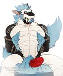  2017 abs anthro arms_tied biceps black_arms black_scales blue_fur bound claws dragon facial_hair fluffy fluffy_tail fur furrypuddingthegreat ganrik goatee grin hands_behind_back hi_res invalid_tag leg_tuft looking_at_viewer male markings muscular muscular_male nude pecs penis pubes red_penis rope scales sideburns signature sitting smile solo spikes spreading white_scales 