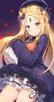  abigail_williams_(fate/grand_order) absurdres bangs black_bow black_dress black_hat blonde_hair bloomers bow bug butterfly dress eyebrows_visible_through_hair fate/grand_order fate_(series) ginn_(hzh770121) hair_bow hat head_tilt highres insect keyhole long_hair long_sleeves looking_at_viewer object_hug orange_bow parted_bangs parted_lips polka_dot polka_dot_bow red_eyes sleeves_past_fingers sleeves_past_wrists smile solo stuffed_animal stuffed_toy teddy_bear underwear very_long_hair white_bloomers 