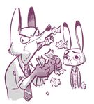  2017 anthro bite canine clothed clothing dipstick_ears disney duo female fox fuel_(artist) gloves_(marking) judy_hopps lagomorph male mammal markings monochrome necktie nick_wilde paper purple_and_white rabbit ripping simple_background tears white_background zootopia 