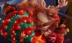  2017 4_fingers abs anthro antlers belt biceps big_muscles biped bow bow_ribbon brown_fur buckle cervine christmas christmas_bauble christmas_decorations christmas_star christmas_tree clothed clothing decoration fingers fur hi_res holding_object holidays horn jingle_bells male mammal multicolored_fur muscular muscular_male night night_sky open_mouth pants pecs red_bottomwear red_nose red_pants reindeer round_nose signature simple_background star tan_fur tree two_tone_fur waddledox yellow_eyes yellow_sclera 