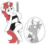  2017 blush bonfire_(character) claws clothed clothing digital_media_(artwork) dragon equine fan_character feral friendship_is_magic horn horse hybrid male mammal mcsweezy my_little_pony pole pony scalie shorts smile spats stripper stripper_pole sweat tube_top unicorn velvet_pastry 