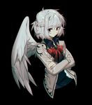  aibivy black_background bow bowtie crossed_arms feathered_wings jacket kishin_sagume looking_at_viewer open_clothes open_jacket red_eyes red_neckwear simple_background single_wing solo touhou upper_body white_hair white_wings wing_collar wings 