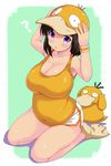  :o ? animal_hat bare_shoulders belly black_hair blush breasts cleavage covered_navel covered_nipples error fumitsuki_kyou gen_1_pokemon hands_on_headwear hat highres large_breasts moemon personification plump pokemon psyduck purple_eyes seiza short_shorts shorts sitting tank_top thighs 