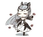  1girl artist_name black_gloves chibi closed_mouth dress eir_(fire_emblem) eyes_closed fire_emblem fire_emblem_heroes flower gloves hair_ornament leg_up long_hair long_sleeves nintendo ponytail silver_hair simple_background sksk7r smile solo white_background 