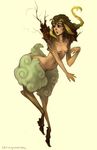  braided_hair branch breasts female fileece flora_fauna fur goat_ears green_fur hair horn nipples nude plant satyr simple_background solo stringmouse white_background wood 