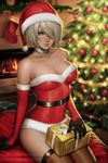  alternate_costume bare_shoulders belt black_legwear breasts christmas christmas_stocking christmas_tree cleavage commentary elbow_gloves fireplace fur_trim gift gloves grey_eyes hair_over_one_eye hat highres large_breasts mole mole_under_mouth nier_(series) nier_automata realistic red_gloves santa_costume santa_hat sciamano240 short_hair silver_hair sitting smile solo strapless thighhighs tubetop yorha_no._2_type_b 