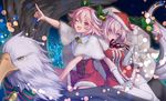  1girl :o ;d astolfo_(fate) bell black_bow bow braid capelet christmas crossdressing dress dress_tug eyes_visible_through_hair fang fate/grand_order fate_(series) flying frilled_dress frills fur_trim gloves green_bow hair_bell hair_bow hair_intakes hair_ornament hair_over_one_eye hat hippogriff index_finger_raised lavender_hair long_braid long_hair looking_at_viewer mash_kyrielight multicolored_hair multiple_riders ne-on one_eye_closed open_mouth otoko_no_ko pink_hair pointing purple_eyes red_dress riding sack santa_costume santa_hat short_dress short_hair sidesaddle single_braid smile streaked_hair very_long_hair white_gloves wind 