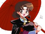  90s blouse breasts brown_eyes brown_hair capelet chiyoda_(kantai_collection) choroli_(chorolin) eyebrows_visible_through_hair headband kantai_collection large_breasts looking_at_viewer open_mouth oriental_umbrella short_hair signature smile solo umbrella upper_body white_background 
