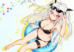  antenna_hair arm_at_side arm_up armpits azur_lane bare_arms bare_legs bare_shoulders barefoot bikini black_bikini black_choker black_ribbon blue_innertube blush breasts choker cleavage closed_mouth collarbone deal_with_it eyebrows_visible_through_hair eyewear_on_head flag_print from_above german_flag_bikini hair_between_eyes highres innertube large_breasts long_hair multicolored_hair navel prinz_eugen_(azur_lane) red_hair ribbon side-tie_bikini silver_hair sitting smile solo sparkle_background stomach swimsuit thigh_strap tsurime two-tone_hair two_side_up very_long_hair west_(vaem5527) 