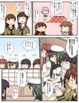  ahoge bangs black_hair blunt_bangs braid brown_hair cape comic eyepatch green_hair hair_over_shoulder hat highres huge_ahoge imagining kantai_collection kiso_(kantai_collection) kitakami_(kantai_collection) kotatsu kuma_(kantai_collection) long_hair multiple_girls ooi_(kantai_collection) pink_hair remodel_(kantai_collection) sailor_hat school_uniform serafuku short_hair single_braid speech_bubble table tama_(kantai_collection) translation_request tsukemon 