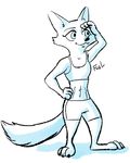  2017 abs anthro arctic_fox barefoot bra canine cheek_tuft claws clothed clothing crop_top disney female fox fuel_(artist) hand_on_hip mammal midriff muscular muscular_female navel restricted_palette shirt shorts signature simple_background skye_(zootopia) smile solo sports_bra standing tuft underwear white_background zootopia 