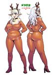  :3 animal_costume antlers aqua_eyes ass belly blonde_hair bodysuit braid dark_elf dark_skin elf elf-san_wa_yaserarenai. erufuda-san fang hands_on_hips high_heels highres kuroeda-san looking_at_viewer mole mole_under_eye multiple_girls plump pointy_ears reindeer_antlers reindeer_costume reindeer_tail short_hair simple_background smile synecdoche tail thick_thighs thighs translation_request white_background 