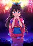  antenna_hair bangs blue_eyes blue_ribbon blurry blurry_background blush covering_mouth cowboy_shot depth_of_field earrings fireworks floral_print ganaha_hibiki hair_ribbon hiiringu hoop_earrings idolmaster idolmaster_(classic) japanese_clothes jewelry kimono long_hair long_sleeves looking_at_viewer night night_sky own_hands_together pink_kimono ponytail ribbon sash sky solo standing star_(sky) starry_sky tareme wide_sleeves 