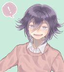  ! 1boy bangs danganronpa eyebrows matching_hair/eyes nanamichiii new_danganronpa_v3 open_mouth ouma_kokichi purple_eyes purple_hair shirt short_hair side_bangs simple_background solo sweater white_shirt 