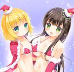  :d :o aqua_eyes asymmetrical_docking bangs bikini blonde_hair blunt_bangs breast_press breasts brown_hair cape christmas cleavage collarbone commentary_request eyebrows_visible_through_hair fur-trimmed_bikini fur-trimmed_cape fur_trim gloves gochuumon_wa_usagi_desu_ka? gradient gradient_background green_eyes hat highres jewelry kirima_sharo large_breasts long_hair looking_at_viewer maru_usagi_(maruusagi22) mini_hat multiple_girls navel necklace off_shoulder open_mouth parted_lips red_bikini red_cape red_gloves red_hat santa_hat short_hair small_breasts smile snowflakes star swimsuit ujimatsu_chiya upper_body 