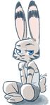  2017 ambiguous_gender anthro barefoot blue_eyes clothed clothing disney ear_markings facial_markings fuel_(artist) fur_markings half-closed_eyes jack_savage lagomorph looking_at_viewer mammal markings rabbit shirt shorts signature simple_background sitting solo tank_top white_background zootopia 