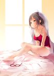  :3 artist_name bare_legs bare_shoulders barefoot bed_sheet between_legs blanket breasts brown_hair camisole cleavage closed_mouth collarbone covered_nipples eyewear_removed full_body glasses green_eyes hand_between_legs highres idolmaster idolmaster_cinderella_girls indoors maekawa_miku medium_breasts on_bed panties red-framed_eyewear red_camisole shoes short_hair sitting sleeveless smile solo strap_gap sumi_(oyasumie) under_covers underwear underwear_only watermark web_address white_panties window 