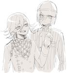  2boys bangs blazer buttons chains checkered_scarf danganronpa drink duo eyebrows hat multiple_boys nanamichiii new_danganronpa_v3 open_mouth ouma_kokichi saihara_shuuichi scarf school_uniform shirt short_hair side_bangs simple_background straitjacket uniform white_background 