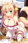  :o animal_ears arm_support bangs bare_shoulders bed bell blonde_hair blue_hair blush breasts cleavage collarbone commentary_request dress eyebrows_visible_through_hair fox_ears fox_girl fox_tail gradient_hair green_eyes hair_bell hair_between_eyes hair_ornament hair_ribbon highres indoors jewelry jingle_bell kneeling large_breasts long_hair looking_at_viewer magatama magatama_necklace multicolored_hair necklace off-shoulder_dress off_shoulder on_floor original parted_lips pillow red_ribbon ribbon sample solo striped tail twintails very_long_hair white_dress wooden_floor yuzu_modoki 