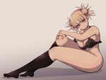  bangs black_bra black_legwear blonde_hair blunt_bangs boku_no_hero_academia bottomless bra breasts double_bun eyebrows_visible_through_hair full_body hand_on_own_knee kneehighs lamb-oic029 large_breasts looking_at_viewer messy_hair short_hair sitting smile solo strap_slip thick_thighs thighs toga_himiko underwear underwear_only yellow_eyes 