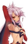  arm_behind_head armpits blush breasts chloe_von_einzbern closed_mouth commentary_request dark_skin fate/grand_order fate/kaleid_liner_prisma_illya fate_(series) highres long_hair looking_at_viewer navel nipples noumin pink_hair simple_background small_breasts smile solo translation_request white_background yellow_eyes 