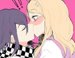  ! 1boy 1girl ahoge akamatsu_kaede bangs blonde_hair blush checkered_scarf danganronpa duo eyebrows eyes_closed hair_ornament hairclip kiss long_hair musical_note musical_note_hair_ornament nanamichiii new_danganronpa_v3 ouma_kokichi pink_eyes purple_hair scarf school_uniform shirt short_hair side_bangs surprised sweater sweater_vest uniform white_shirt 