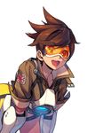  :d bomber_jacket brown_hair jacket kotatsu_(g-rough) leaning_forward open_mouth overwatch short_hair smile tracer_(overwatch) union_jack visor 
