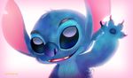  &lt;3 2017 4_fingers alien big_eyes blue_eyes blue_fur blue_nose claws cute depth_of_field digital_media_(artwork) disney experiment_(species) eyelashes fluffy fur head_tuft hi_res lilo_and_stitch looking_at_viewer notched_ear open_mouth open_smile pomppup purple_claws signature simple_background smile stitch tuft waving 