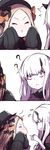 3koma ? abigail_williams_(fate/grand_order) absurdres bad_id bad_pixiv_id bags_under_eyes bangs black_bow black_dress black_hat blonde_hair blush bow cheek_squash closed_eyes comic dress facing_another fate/grand_order fate_(series) flying_sweatdrops forehead hair_bow hat head_tilt highres horn lavinia_whateley_(fate/grand_order) long_hair long_sleeves looking_at_another multiple_girls nose_blush open_mouth orange_bow pale_skin parted_bangs pink_eyes polka_dot polka_dot_bow silent_comic sleeves_past_wrists v-shaped_eyebrows wada_kazu wavy_mouth white_hair 
