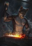  2017 anthro blue_eyes canine digital_media_(artwork) fire forgeing hi_res latex_(artist) male mammal melee_weapon muscular muscular_male rakan scar solo sword weapon were werewolf wolf 