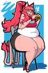  anthro belly big_belly big_breasts blue_eyes breasts burger cat chair chomba cleavage clothed clothing feline female food fur hair hypnofood mammal obese open_mouth open_smile overweight pink_fur pink_hair sitting smile thick_thighs 