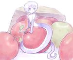 apple bag closed_mouth food fruit full_body idon lamia leaf looking_to_the_side minigirl monster_girl nude original paper_bag pointy_ears purple_eyes scales shiny shiny_hair short_hair simple_background smile solo white_background white_hair white_skin 