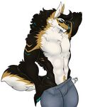  anthro black_fur blue_eyes blue_fur brown_fur canine clothed clothing elvis_hair flexing fluffy fluffy_tail fur grin guttermech hand_behind_head invalid_tag looking_at_viewer male mammal muscular navel neck_tuft pants pecs smile solo standing teasing teeth topless tuft undressing were werewolf white_fur 