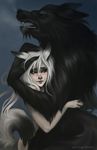  animal_humanoid anthro black_fur canine duo eyes_closed fangs fur hair happy hug humanoid love mammal nude pained sharp_teeth smile stringmouse teeth touching_head white_hair wolf wolf_humanoid 