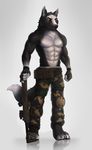  2017 abs anthro belt biceps canine clothed clothing digital_media_(artwork) fur gloves gun male mammal marsel-defender muscular muscular_male nipples pants pecs ranged_weapon topless weapon wolf 