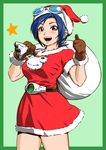  bag belt blue_hair breasts brown_gloves christmas glasses gloves hat highres large_breasts legs mahha_warabi may_lee santa_costume santa_hat short_hair smile solo star the_king_of_fighters thighs thumbs_up 