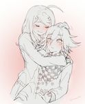  1boy 1girl ahoge akamatsu_kaede bangs blush buttons checkered_scarf danganronpa duo eyebrows eyes_closed hair_ornament hairclip hug long_hair miniskirt musical_note musical_note_hair_ornament nanamichiii necktie new_danganronpa_v3 ouma_kokichi scarf school_uniform shirt short_hair side_bangs skirt smile straitjacket sweater sweater_vest tie uniform 