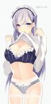  alternate_costume azur_lane bangs belfast_(azur_lane) blue_bra blue_eyes blue_panties blush bra braid breasts cleavage closed_mouth clothes_lift cowboy_shot eyebrows_visible_through_hair french_braid frilled_bra frilled_panties frills grey_background highres himino0 large_breasts lifted_by_self long_hair long_sleeves looking_at_viewer maid_headdress mouth_hold panties pantyhose shiny shiny_hair silver_hair simple_background sleeves_past_wrists smile solo standing striped sweater sweater_lift swept_bangs thighband_pantyhose twitter_username underwear vertical-striped_bra vertical-striped_panties vertical_stripes w_arms white_legwear white_sweater 