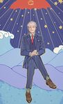  caesar_caesar cancer crossed_legs formal grey_hair juuni_taisen juuni_taisen_vs_juuni_taisen looking_at_viewer male_focus necktie outline pinstripe_pattern pinstripe_suit red_neckwear sitting smile solo star striped suit tidal_wave tonoko_(cinq5) waves yellow_outline 