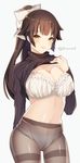  arm_behind_back azur_lane bangs black_sweater blunt_bangs blush bow bra breasts brown_hair brown_legwear clothes_lift hair_bow high_ponytail highres himino0 large_breasts lifted_by_self long_hair long_sleeves looking_at_viewer own_hands_together panties panties_under_pantyhose pantyhose parted_lips shiny shiny_hair smile solo standing sweater sweater_lift takao_(azur_lane) thighband_pantyhose turtleneck turtleneck_sweater twitter_username underwear white_bow white_bra white_panties yellow_eyes 