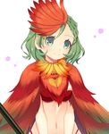  braid cape feathers green_eyes green_hair juuni_taisen midriff navel niwa_ryouka shira_yu_ki simple_background solo white_background 