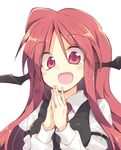  :d armband bat_wings blush breasts collared_shirt dress_shirt eyebrows_visible_through_hair hands_together head_wings juliet_sleeves koakuma long_hair long_sleeves looking_at_viewer necktie open_mouth puffy_sleeves red_eyes red_hair red_neckwear satou_kibi shirt simple_background small_breasts smile solo touhou upper_body vest white_background white_shirt wings 