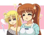  2girls apron blonde_hair blush breasts brown_hair chibi cleavage collarbone couple eyebags eyes_closed fate_testarossa happy kano long_hair lyrical_nanoha mahou_shoujo_lyrical_nanoha mahou_shoujo_lyrical_nanoha_strikers mahou_shoujo_lyrical_nanoha_vivid multiple_girls open_mouth sexually_suggestive side_ponytail simple_background smile takamachi_nanoha tired yuri 