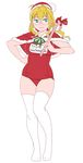  adapted_costume ahoge aqua_eyes blonde_hair candy capelet clothes_writing food full_body fur-trimmed_capelet fur_trim german glasses hand_on_hip hat i-8_(kantai_collection) kantai_collection long_hair merry_christmas ojipon one-piece_swimsuit red-framed_eyewear ribbon santa_hat school_swimsuit semi-rimless_eyewear simple_background smile solo standing swimsuit thighhighs translated white_background white_legwear 